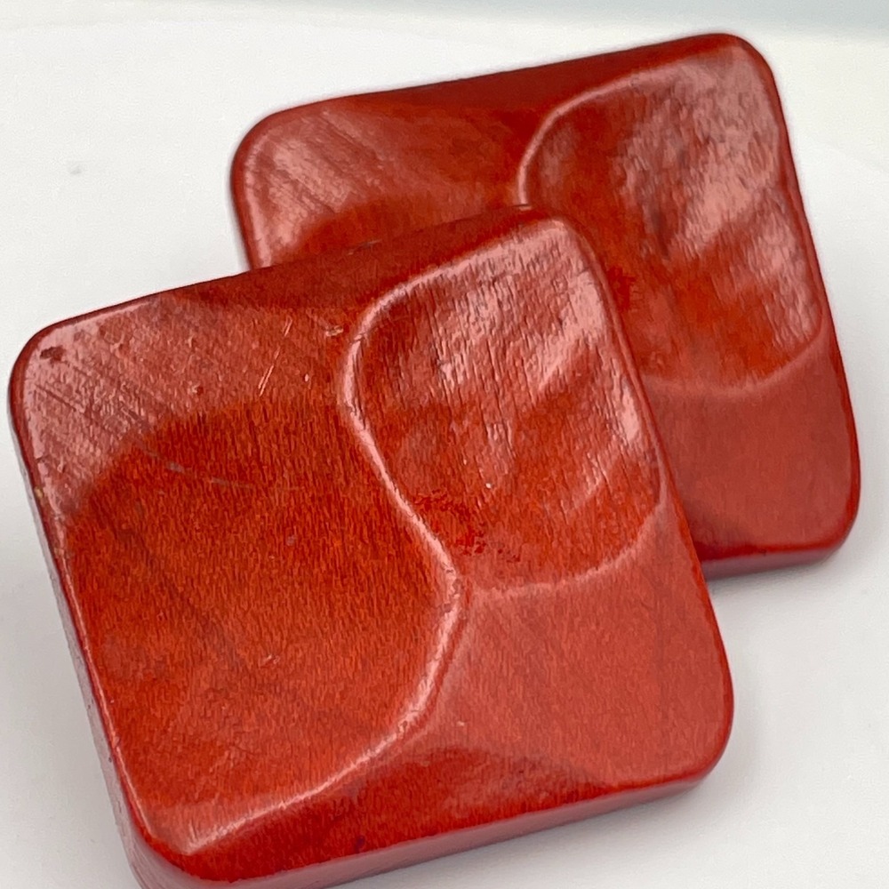 Vintage Y2K Chunky Red Square Wooden Stud Earrings Statement Women's Jewelry 90s
